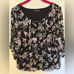SARA MICHELLE Black Blouse with Pink and Green Floral Design